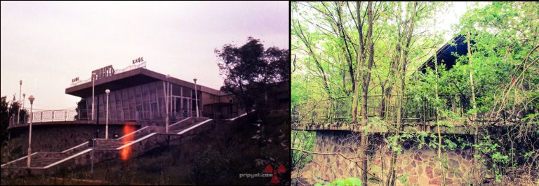 Bryggesiden av Cafe Pripyat med tre tiårs mellomrom.