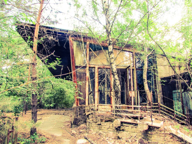 Kafe Pripyats elegante linjer sees fortsatt gjennom løvverket.